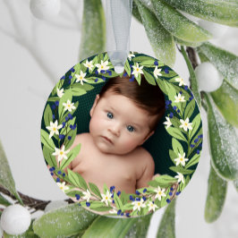Adorno De Cerámica Floral Blue Berries Greenery Wreath Foto