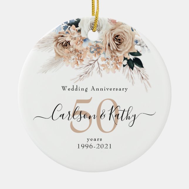 Adorno De Cerámica Floral Blue Boho 50 Aniversario personalizado (Frente)