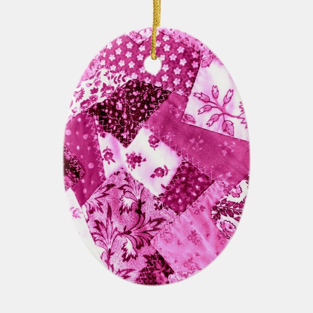 Adorno De Cerámica Floral Crazy Quilt Patchwork Magenta rosa blanco (Frente)