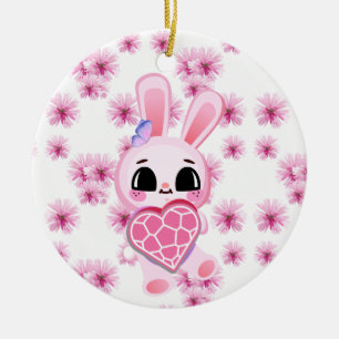 Adorno De Cerámica Floral cute pink rabbit easter