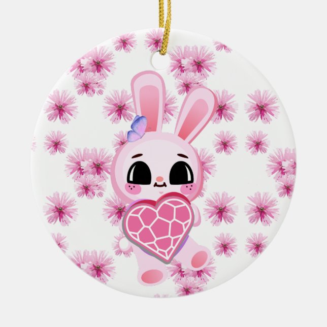 Adorno De Cerámica Floral cute pink rabbit easter (Frente)