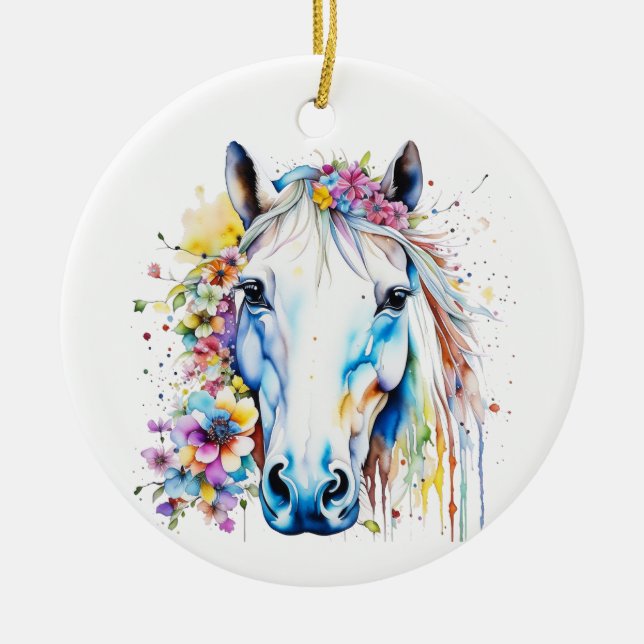 Adorno De Cerámica Floral de caballo blanco de bonito personalizada (Frente)