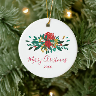 Adorno De Cerámica Floral de Navidades de oro y verde rojo moderno