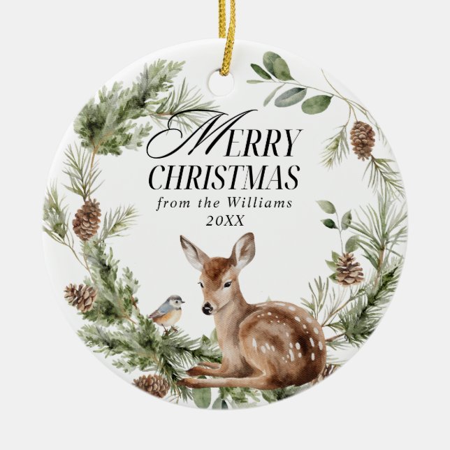 Adorno De Cerámica Floral Deer Elegant Modern Feliz Navidad (Frente)