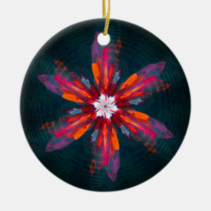 Adorno De Cerámica Floral Mandala Flores Naranja Azul Rojo Resumen