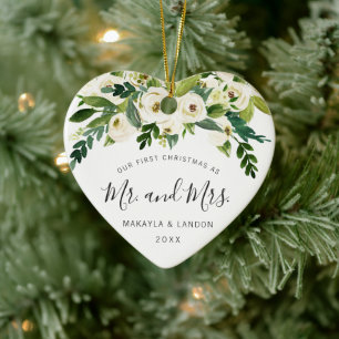 Adorno De Cerámica Floral Mr. y Mrs. Photo Our First Christmas