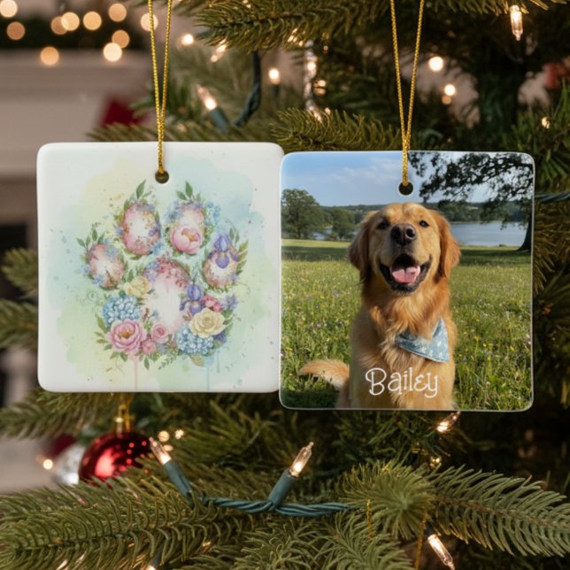 Adorno De Cerámica Floral Paw Print and Photo Pet Christmas (Watercolor floral pawprint photo Christmas ornament)