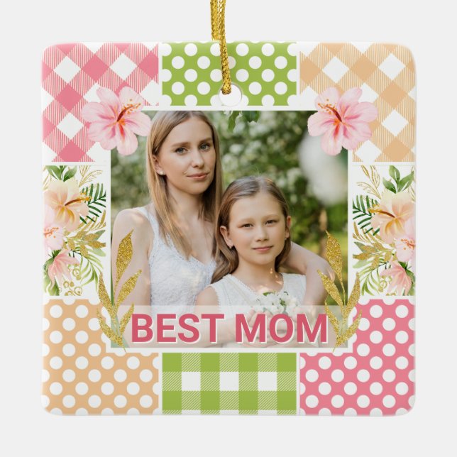 Adorno De Cerámica Floral & Plaid Photo Frame Mother's Day (Anverso)