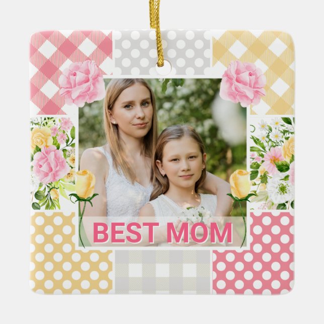 Adorno De Cerámica Floral & Plaid Photo Frame Mother's Day (Anverso)