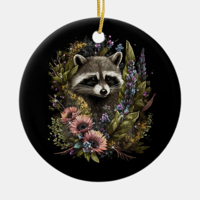 Adorno De Cerámica Floral Raccoon Primavera Naturaleza Raccoon Amante (Frente)