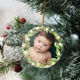 Adorno De Cerámica Floral Red Berries Greenery Wreath Foto