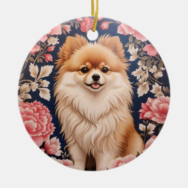 Adorno De Cerámica Floral rosa de perro de Pomerania (Frente)