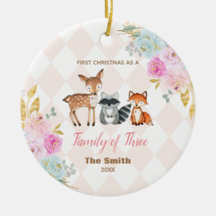 Adorno De Cerámica Floral rosa primera Navidad en familia de 3