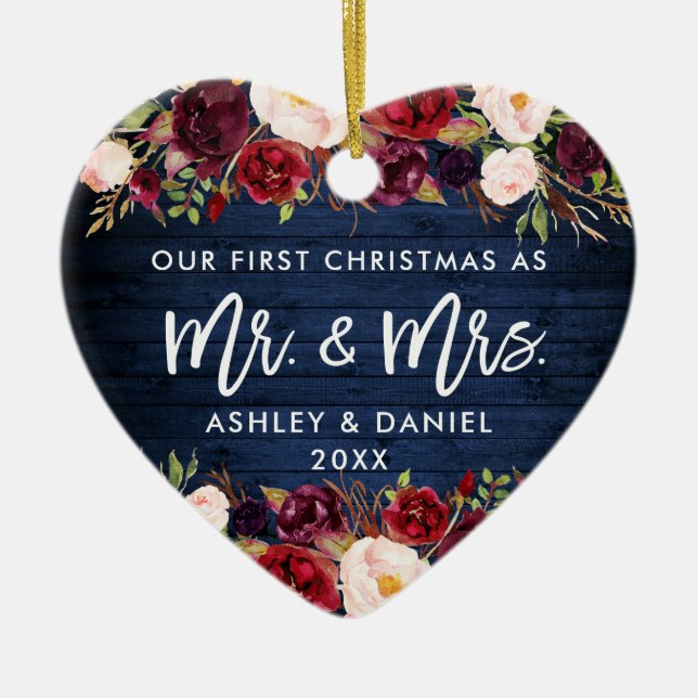 Adorno De Cerámica Floral ruidosa de Borgoña Primera Navidad Azul (Frente)