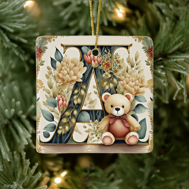 Adorno De Cerámica FLoral Teddy Bear Letra A (Árbol)