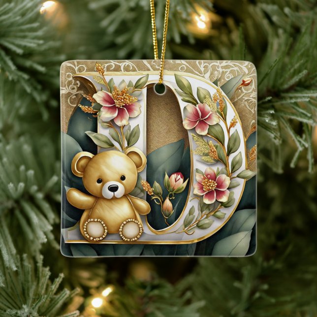 Adorno De Cerámica FLoral Teddy Bear Letra D (Árbol)