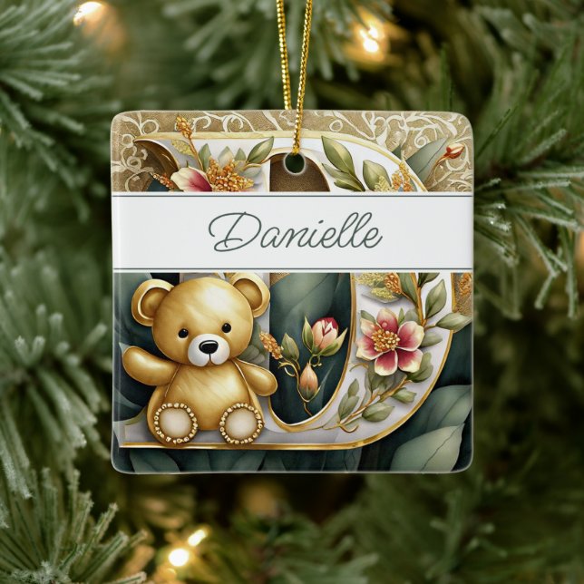 Adorno De Cerámica FLoral Teddy Bear letra D personalizada (Árbol)
