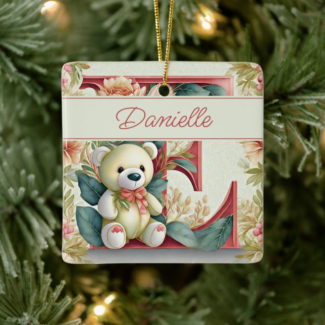 Adorno De Cerámica FLoral Teddy Bear letra E personalizada (Árbol)