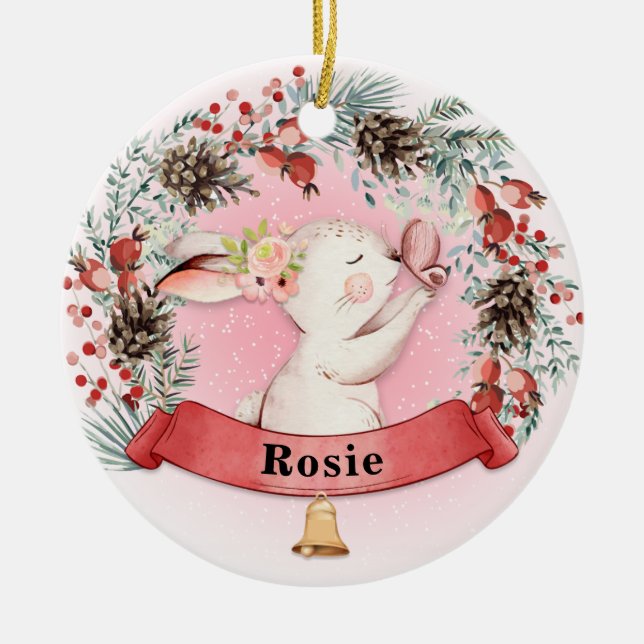 Adorno De Cerámica Floral Wreath de Navidades conejitas personalizada (Frente)