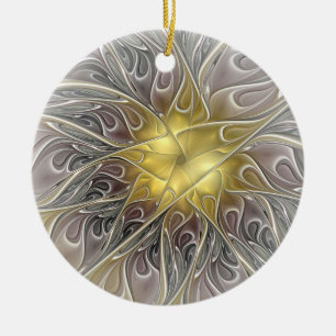 Adorno De Cerámica Florecer con flor fractal abstracta moderna de oro