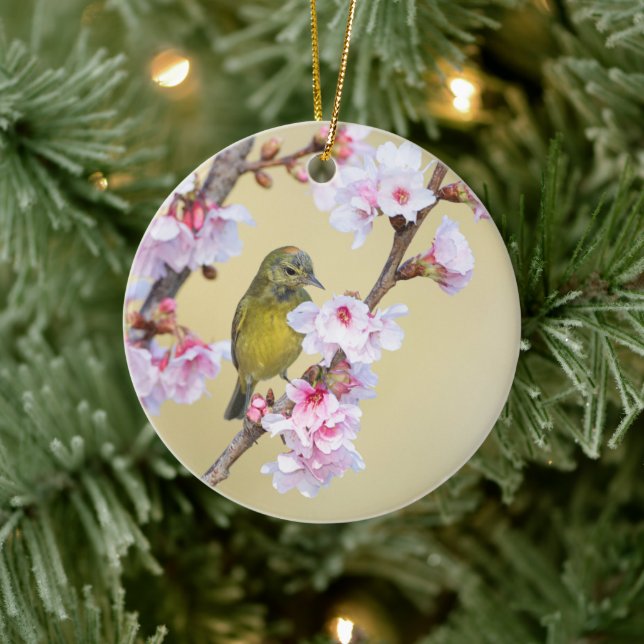 Adorno De Cerámica Florecimiento de cerezo y Warbler (Árbol)