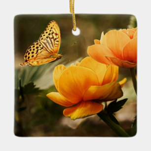 Adorno De Cerámica Flores amarillas profundas brillantes con mariposa