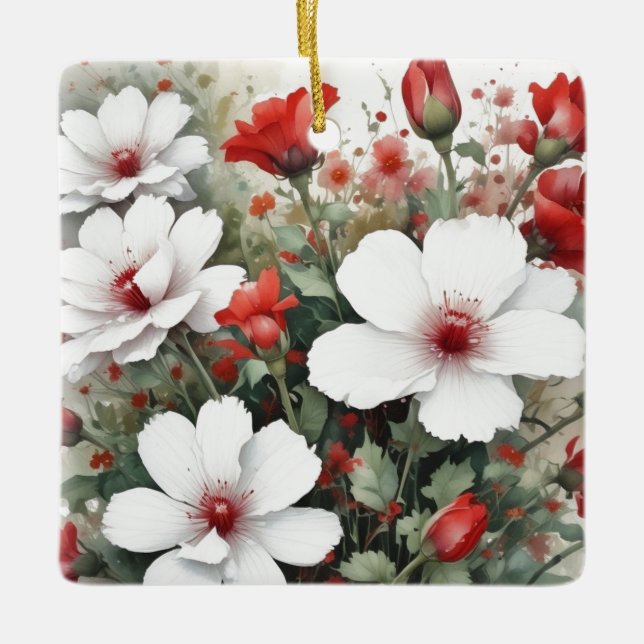 Adorno De Cerámica Flores blancas y rojas Elegante acuarela (Anverso)