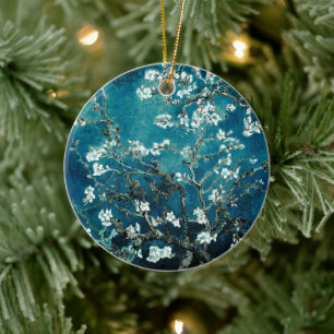 Adorno De Cerámica Flores de Almendro de Van Gogh Verde Azul Oscuro