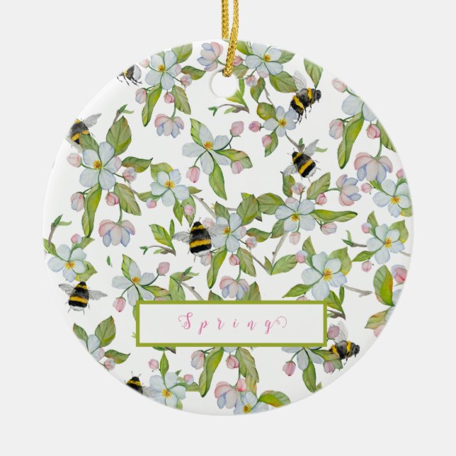 Adorno De Cerámica Flores de jardín de primavera y abejorros (Frente)
