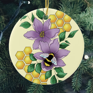 Adorno De Cerámica Flores de lavanda abeja amarilla