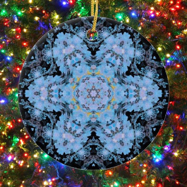 Adorno De Cerámica Flores de Mandala digitales azul y negro (Blue and Black Hexagon Mandala Ornament by Wormhole Orbital)