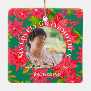 Adorno De Cerámica Flores de Nochebuena Rojas Foto Abuela Verde Teal
