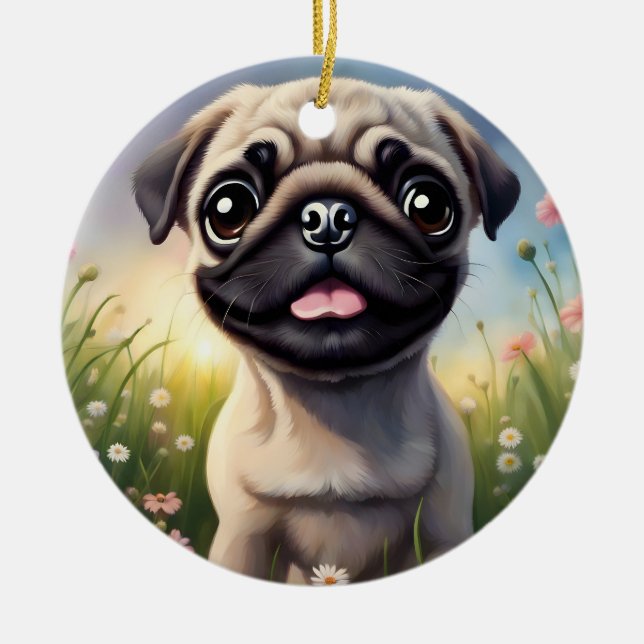 Adorno De Cerámica Flores de Pug (Frente)