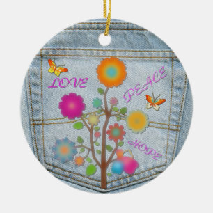 Adorno De Cerámica Flores en Bolsillo Trasero de Mezclilla Paz Amor E