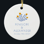Adorno De Cerámica Flores folclóricas Scandi Boda personalizada amari<br><div class="desc">Flores folclóricas escandalosas en adorno de cerámica Boda azul y amarillo</div>