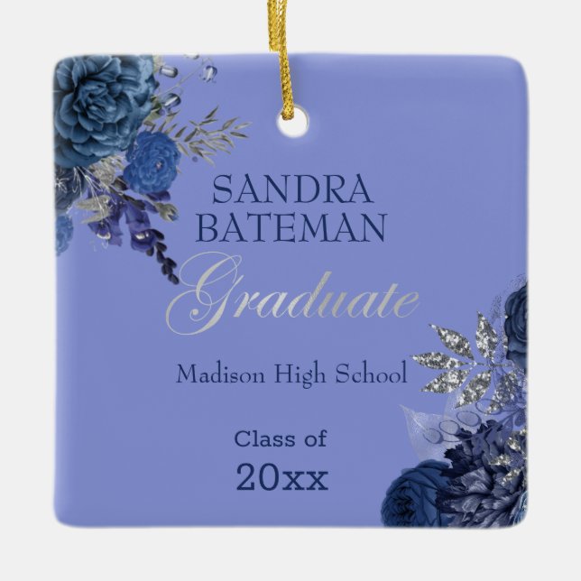 Adorno De Cerámica Flores moradas azules | Keepsake de graduación pla (Anverso)
