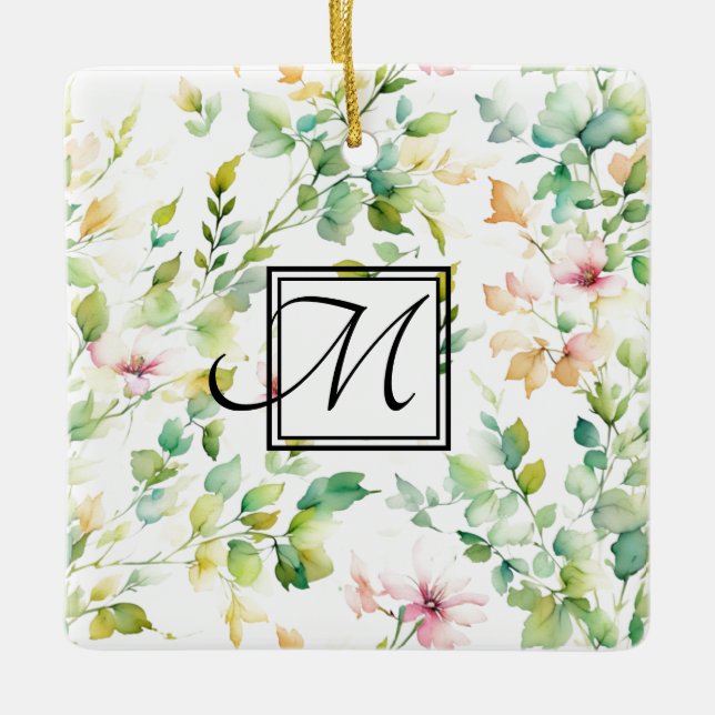 Adorno De Cerámica Flores naturales de acuarela verde elegante (Anverso)