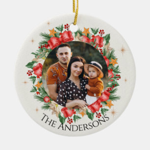 Adorno De Cerámica Flores Rojas Familia Foto Feliz Navidad
