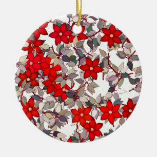 Adorno De Cerámica Flores rojas y hojas grises plateadas