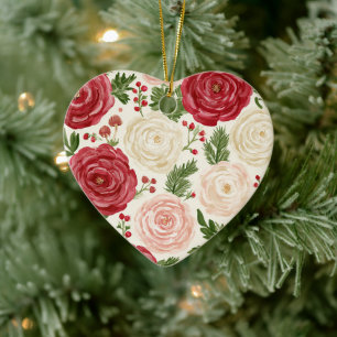 Adorno De Cerámica Flores Rosadas Crema Rojas Navidad