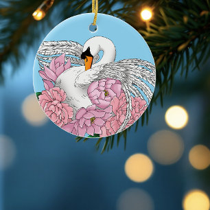 Adorno De Cerámica Flores rosadas de cisne blanco