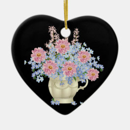 Adorno De Cerámica flores rosas y azules con fondo negro