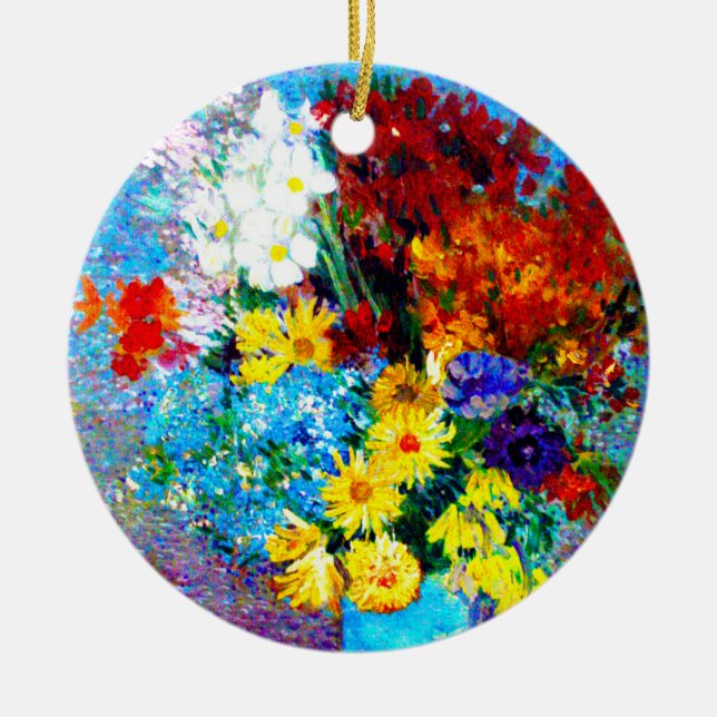 Adorno De Cerámica Flores Van Gogh en una maleta azul (Frente)