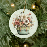 Adorno De Cerámica Flowers in a Pot Cozy Shabby Cute<br><div class="desc">Ornament with a whimsical stylish pot of flowers. Green,  pink and cream colors. Set in a green pot with a plaid cloth. Shabby vintage vibe.</div>