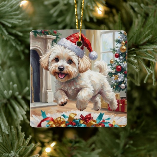 Adorno De Cerámica Fluffy Bichon Frise Dog Joyful Christmas (Árbol)