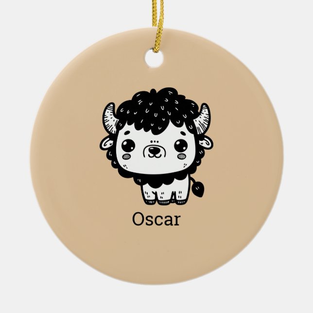 Adorno De Cerámica Fluffy Bison Baby - Kawaii Farm Animal Art (Frente)