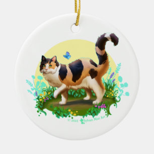 Adorno De Cerámica Fluffy Calico Cat con mariposa