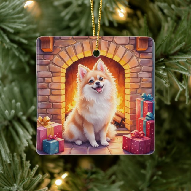 Adorno De Cerámica Fluffy Pomeranian Cozy Christmas Fireplace Dog Art (Árbol)