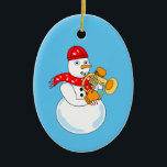 Adorno De Cerámica Flugelhorn Snowman<br><div class="desc">Un jugador de volante de snowman usando un pañuelo para notas musicales es un divertido diseño de cuerno para músicos,  profesores de música y estudiantes en concierto y banda de marcha.</div>