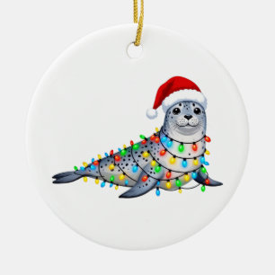 Adorno De Cerámica Foca festiva cubierta de luces de Navidad